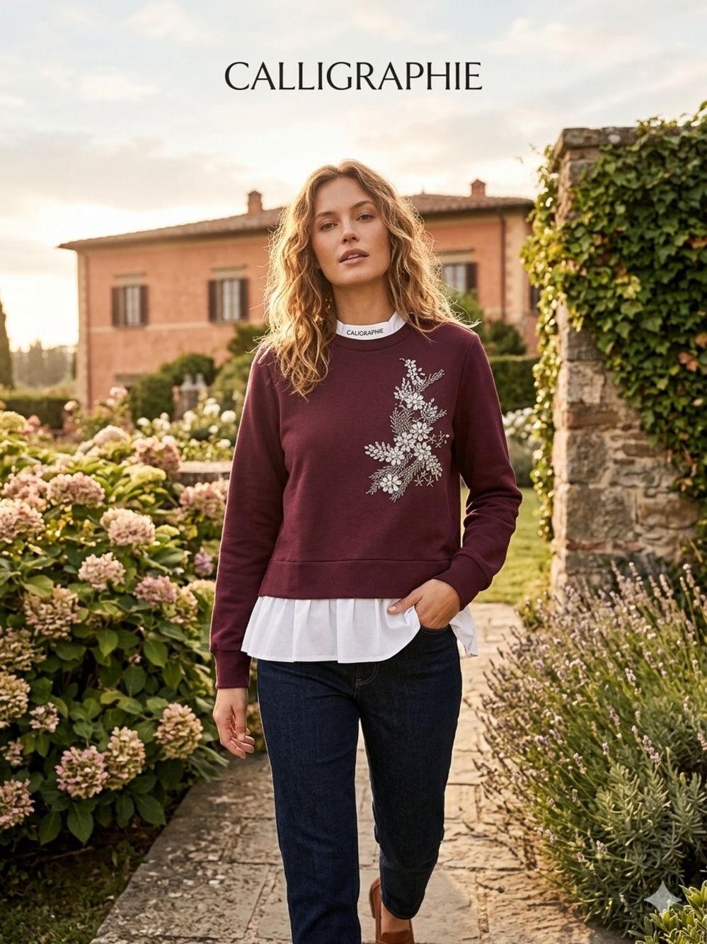 NWT Calligraphie Burgundy Floral Appliqué Sweatshirt with White Shirttail